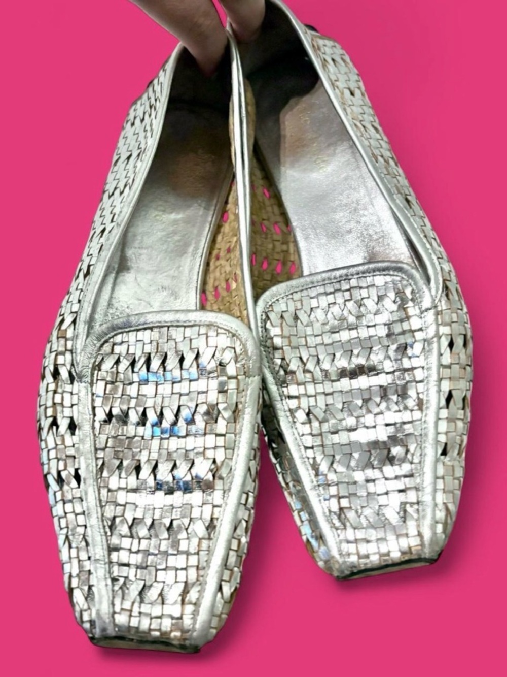 Kate Spade silver metallic woven loafers